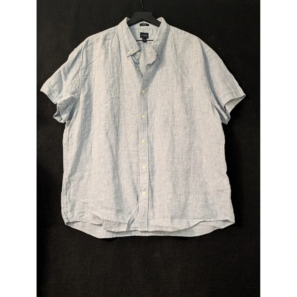 J.Crew Slim Linen Cotton Button Front Shirt XXL Blue Short Sleeve Chambray Prep